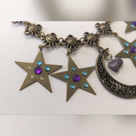 VTG METAL BRONZE/GOLD TONE MOON & STARS NATURAL GEM STONE NECKLACE - Picture 3 of 13